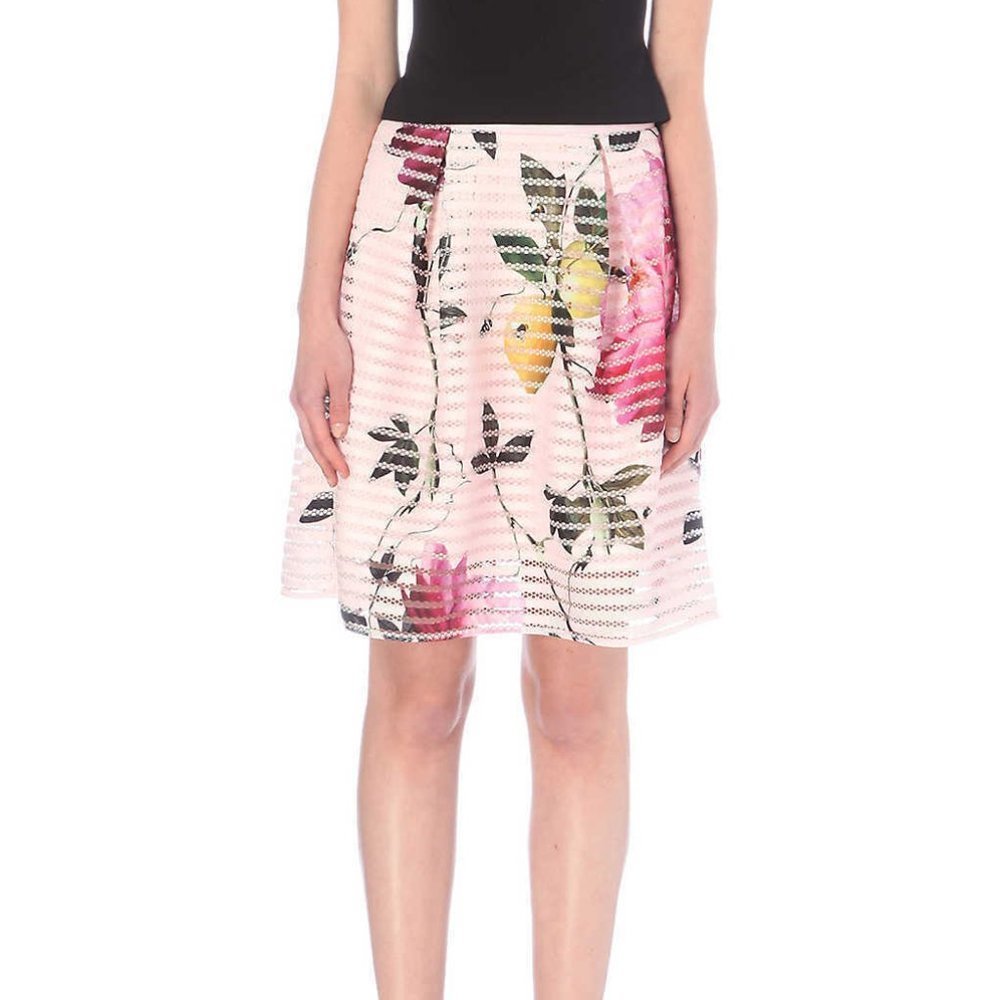 Ted Baker Citrus Bloom Pink Floral Print Fit & Flare Full Skirt Midi Size 2 /02
